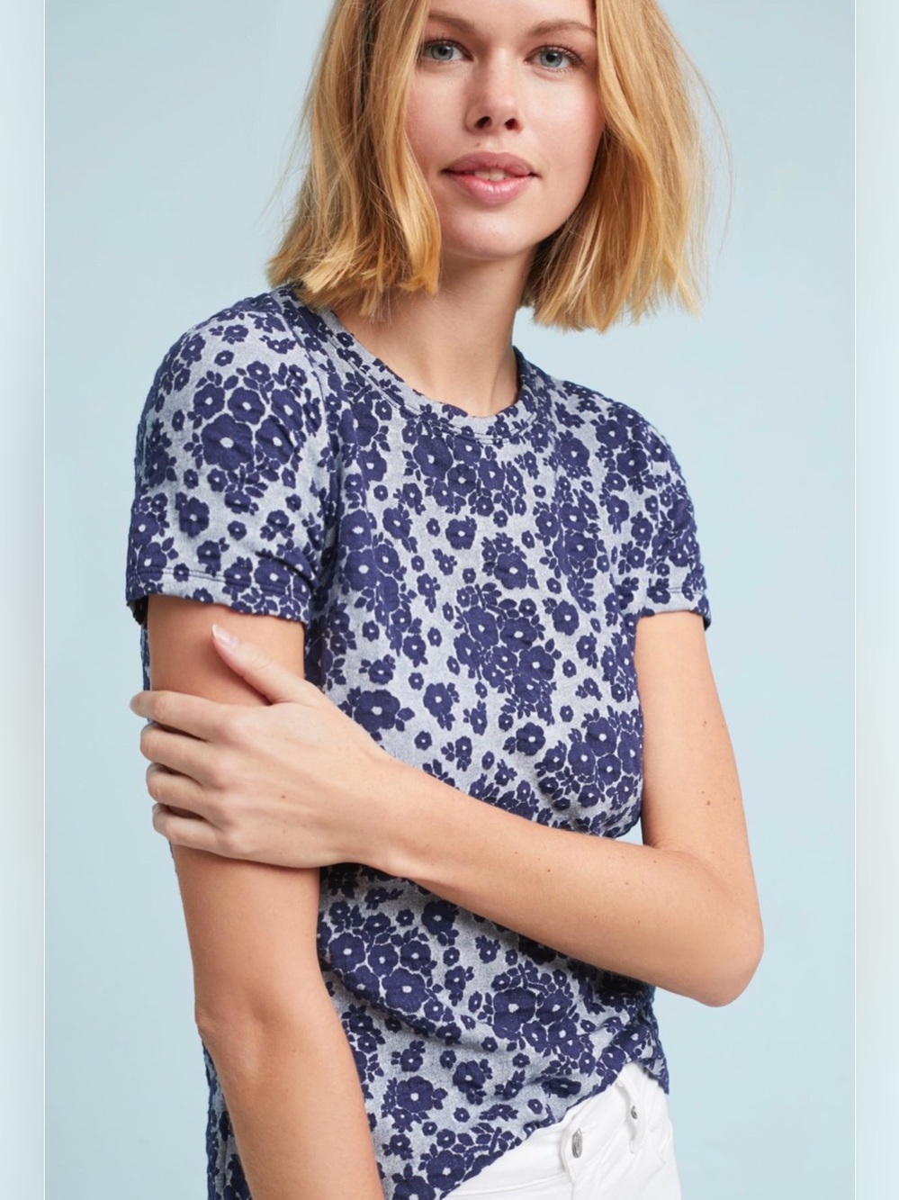 Anthropologie Forget me not Navy and White Floral Short-Sleeve Tee blouse